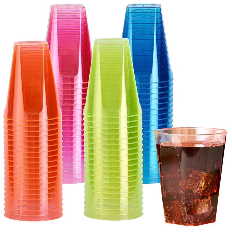 MATANA - 80 Mixed Neon Coloured Plastic Cups Mini Kids Glasses for Juice, Fizzy Drinks or Cocktail Shots at BBQ Garden Picnic Birthday Party - 8cm / 210ml - Image 1
